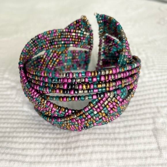 Boho woven multicolored beaded bracelet cuff and earring set - Picture 5 of 8